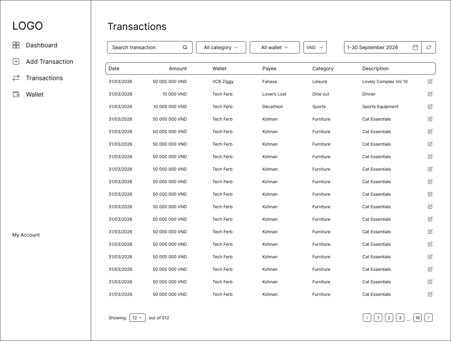 Transactions wireframe