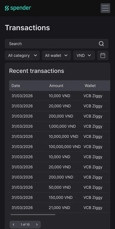 Spender transactions mobile screen